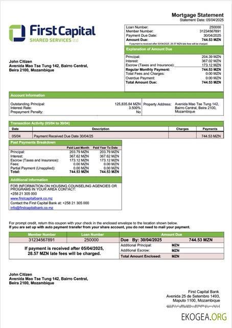 Modèle Word et PDF de relevé hypothécaire de la Mozambique First Capital Bank